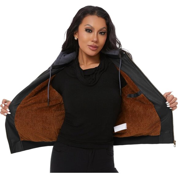 Women Black Faux Leather Waterproof Motorcycle Bomber Biker Jacket - Picture 8 of 8